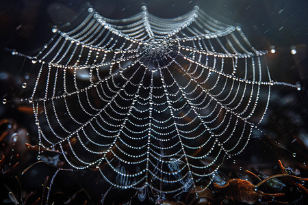 spider web with dew drops in the early morning, close up