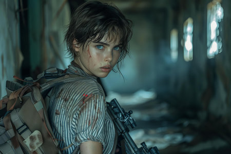 Portrait of a girl with a machine gun in an abandoned building