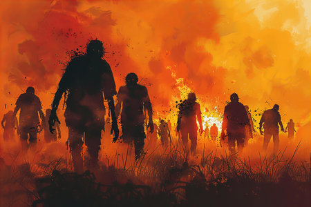 Digital painting of a group of people walking in the field with fire