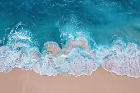 Aerial view of the sea waves on the sandy beach. Top view