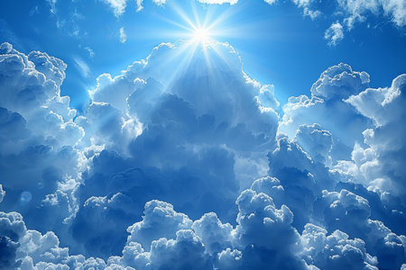 Blue sky background with white clouds and sun rays. 3d illustration