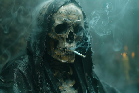 Skull smoking a cigarette on the dark background. Halloween concept.