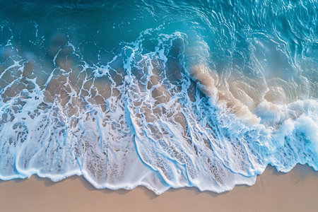 Aerial view of ocean waves on sandy beach at sunset time.