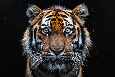 Portrait of a tiger on a black background with water drops.