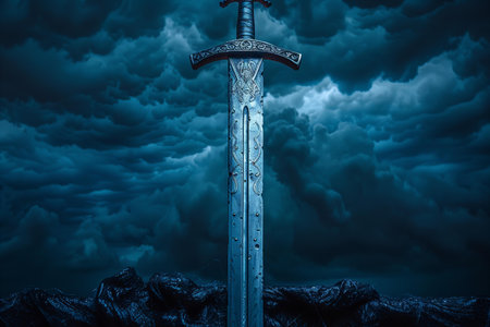 Medieval sword in the dark stormy sky. 3D rendering
