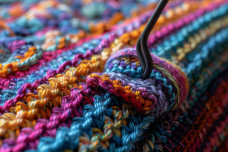 Multicolored yarn on the background of a knitted scarf
