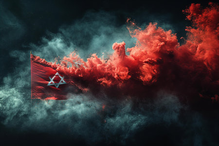 A red flag with a white star symbol in the smoke on a black background