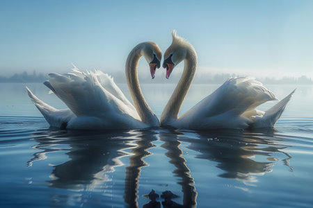 swan on blue lake water in sunny day, swans on pond, nature seriesの写真素材