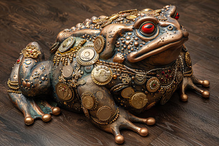 Frog made of copper on a wooden background, close-up