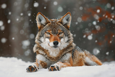Portrait of a wolf in the winter forest. Animal in nature.