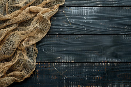 burlap fabric on a dark wooden background. tinting. selective focus