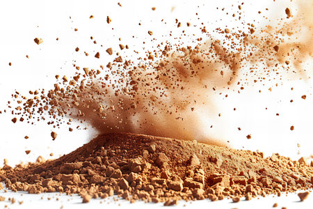 Cocoa powder explosion isolated on white background, close-up