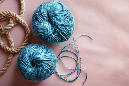 Woolen yarn balls and rope on pink background, top view