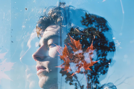 portrait of young man looking through window with autumn maple leaf reflection