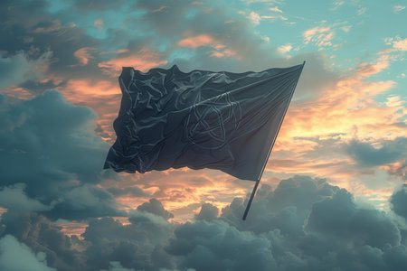 3d rendering of crumpled black flag in the cloudy sky