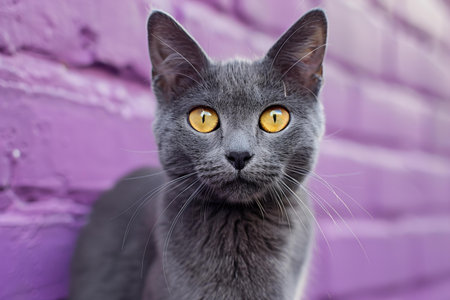 Portrait of a gray cat with yellow eyes on a purple background