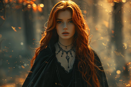 Portrait of a beautiful red-haired girl in a black cloak in the autumn forest.