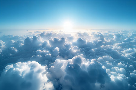 Beautiful aerial view above clouds with a bright sun. 3d illustration
