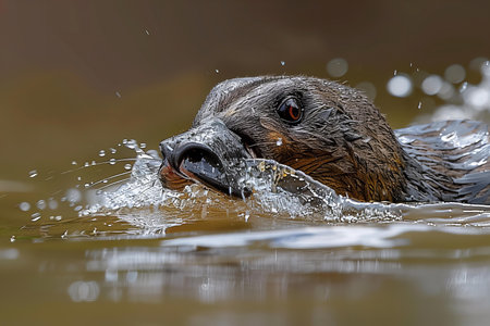 Portrait of a red-billed platypus swimming in water