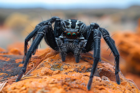Close up of a black tarantula spider on a rock.