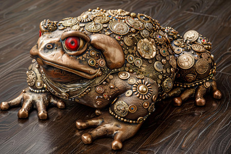 Golden toad made of metal on a wooden background, close-upの写真素材
