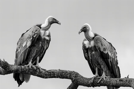 Two vultures sitting on a tree branch in black and whiteの写真素材