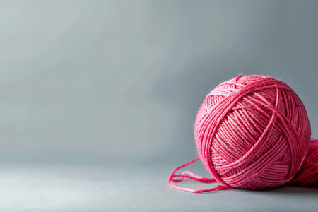 pink ball of yarn on grey background with copy space for text