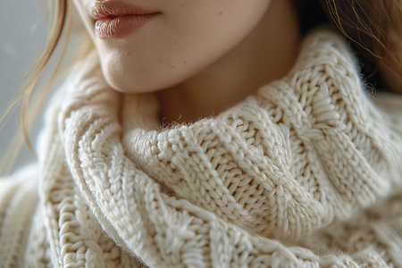 Close up of a beautiful girl in a white sweater and scarf.の写真素材