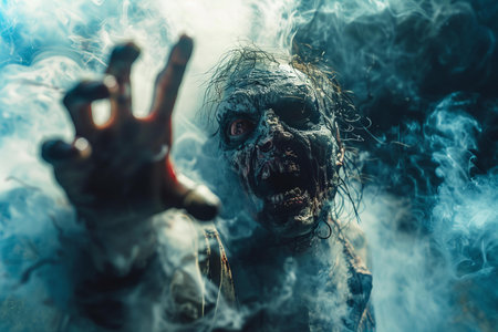 Zombie man in the smoke. Halloween concept. Horror film.