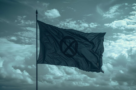 Black flag with peace symbol waving in the wind against a cloudy sky