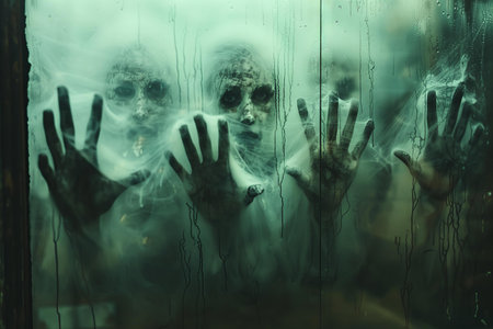Halloween concept. Scary zombie hands behind the wet glass.