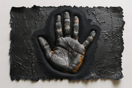 The hand of a person painted with black paint on the wall.