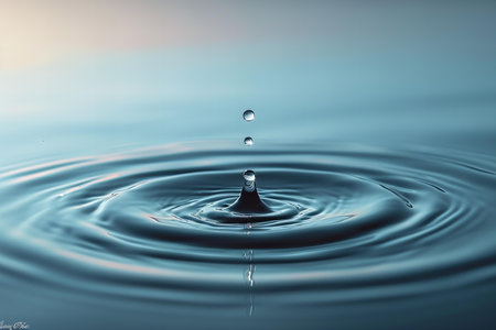 Water drop close-up on a blue background with waves and ripples