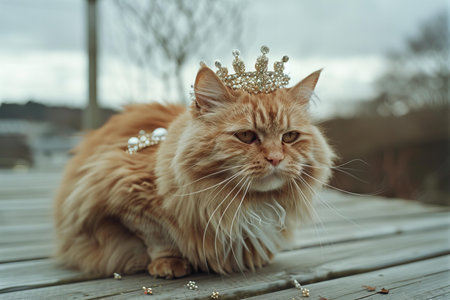 ginger cat wearing a diadem and a crown sitting on a wooden pier
