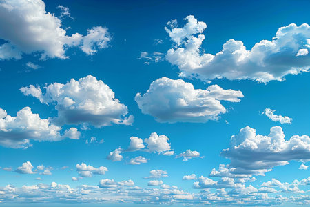 Blue sky background with tiny clouds. Cumulus white clouds. 3D illustration