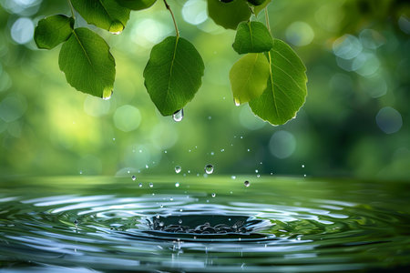 Fresh green leaves with drops of water falling on the surface and ripplesの写真素材