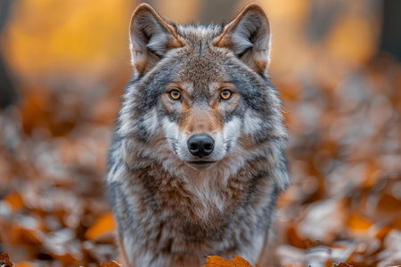 Portrait of a gray wolf in the autumn forest. Animal portrait.