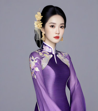 Beautiful asian woman in traditional dress, isolated on gray backgroundの写真素材