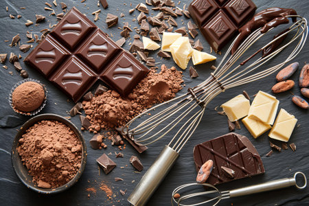 Chocolate bar, cocoa powder, whisk and ingredients on black stone backgroundの写真素材