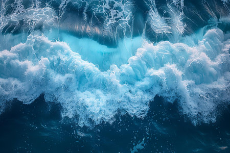 Blue ocean wave with foam and splashes, aerial view. Natural background