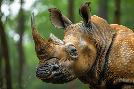 Rhinoceros in the forest, close up of head and neck