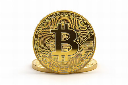 Golden bitcoin isolated on a white background. 3d render illustration.の写真素材