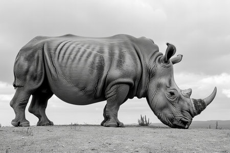 Black and white image of a rhinoceros in the Etosha National Park, Namibia