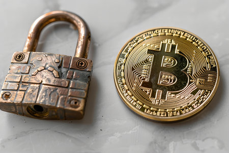Golden bitcoin coin and padlockle background. Cryptocurrency conceptの写真素材