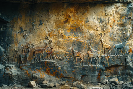Mongolian rock paintings on the wall of a cave.