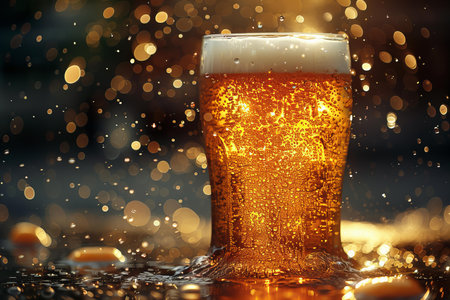 Frosty glass of beer with splashes on a dark background