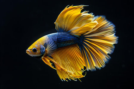 Capture the moving moment of yellow siamese fighting fish isolated on black background. betta fish.