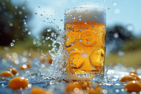 Beer splashing out of a glass on a background of summer landscapeの写真素材