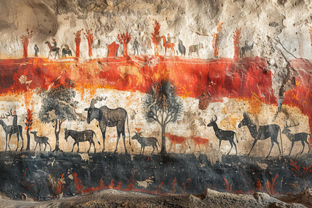 Mural painting on the wall of a cave with animals and birdsの写真素材