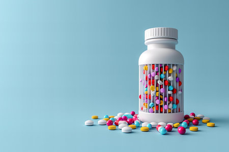 Colorful pills spilling out of pill bottle on blue background. 3D Rendering
